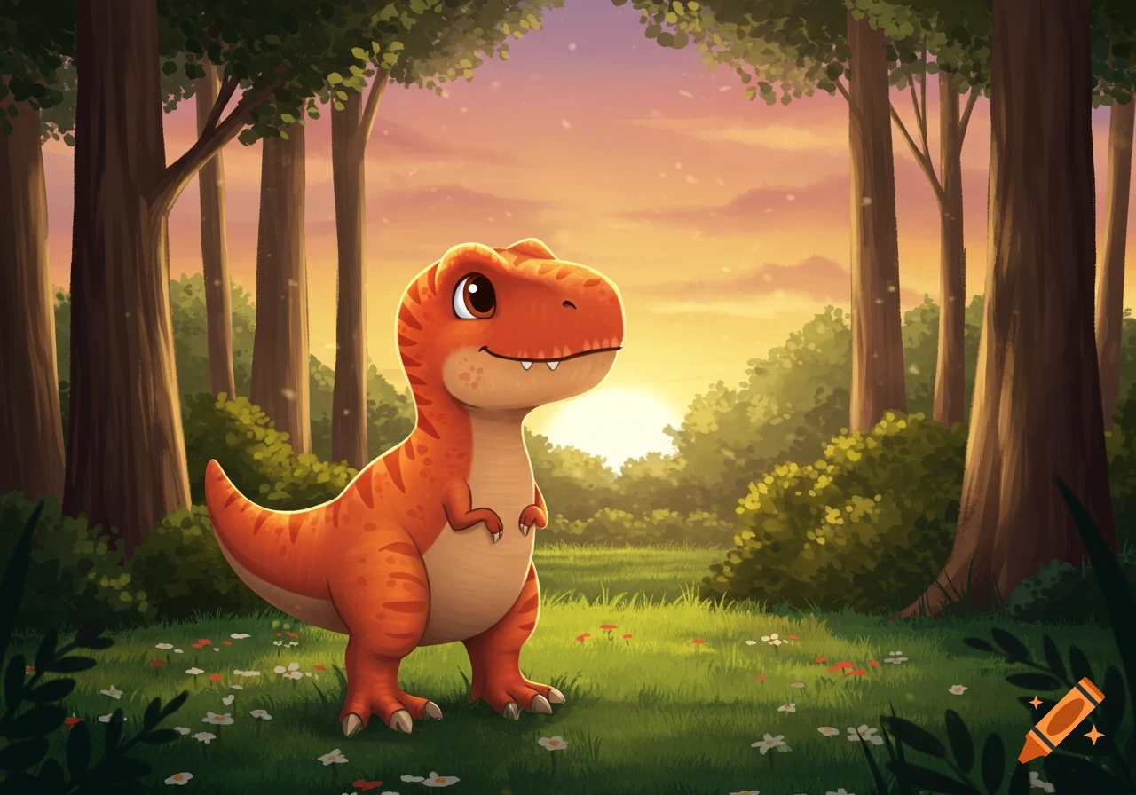 A cute orange cartoon T-Rex stands in a lush forest clearing with flowers during a vibrant sunset.