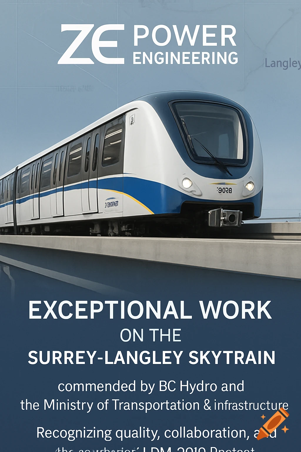 Promotional banner for ZE Power Engineering featuring a SkyTrain on an elevated track with text about a project in Surrey-Langley.