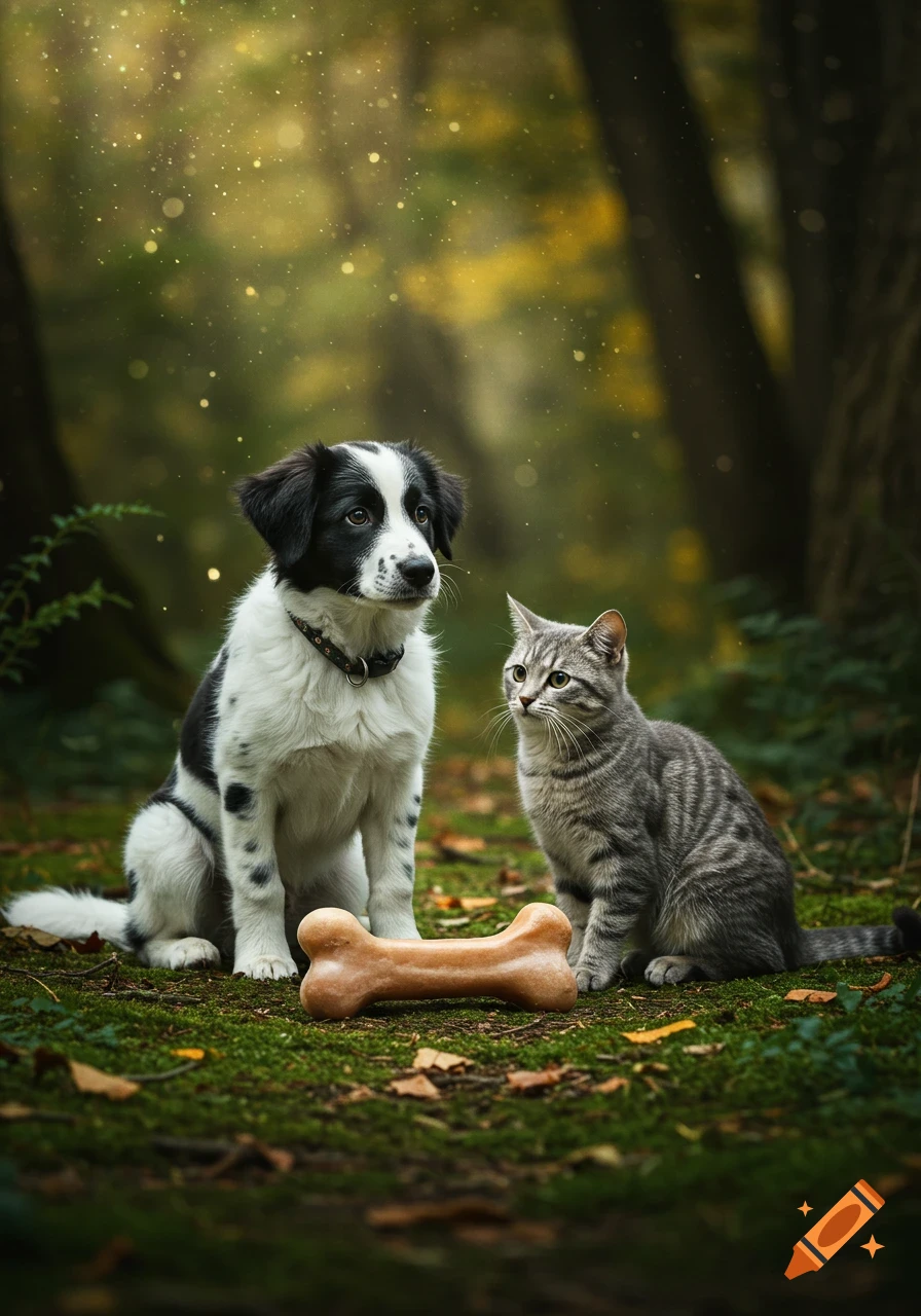 A black and white puppy and a gray tabby cat sit on a mossy forest floor with a bone between them, bathed in dappled sunlight.