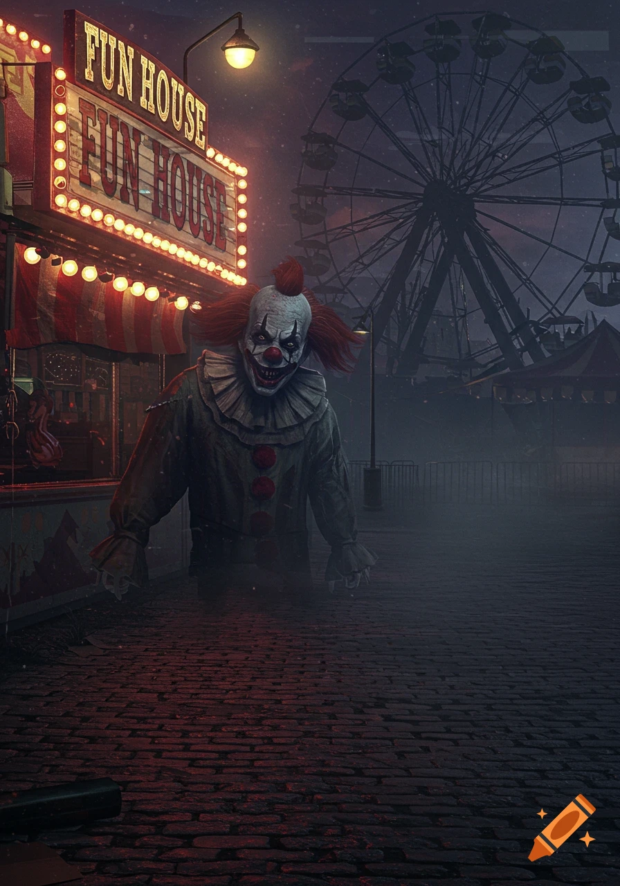 A creepy clown stands on a brick path in a dark, foggy amusement park at night, illuminated by a glowing "FUN HOUSE" sign. A Ferris wheel looms in the background.