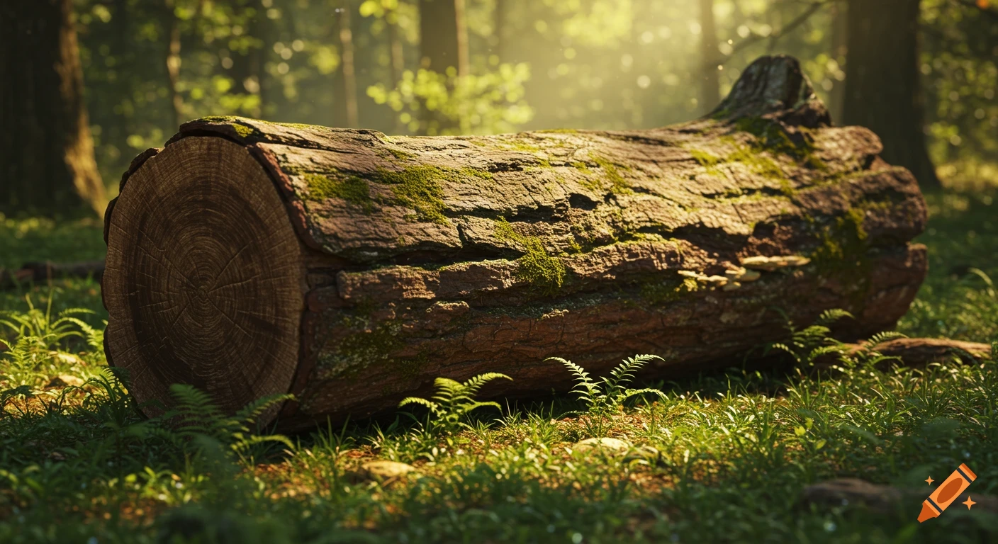 A large, mossy log lies on the forest floor, surrounded by ferns and grass, with sunlight filtering through the trees. Photorealistic.