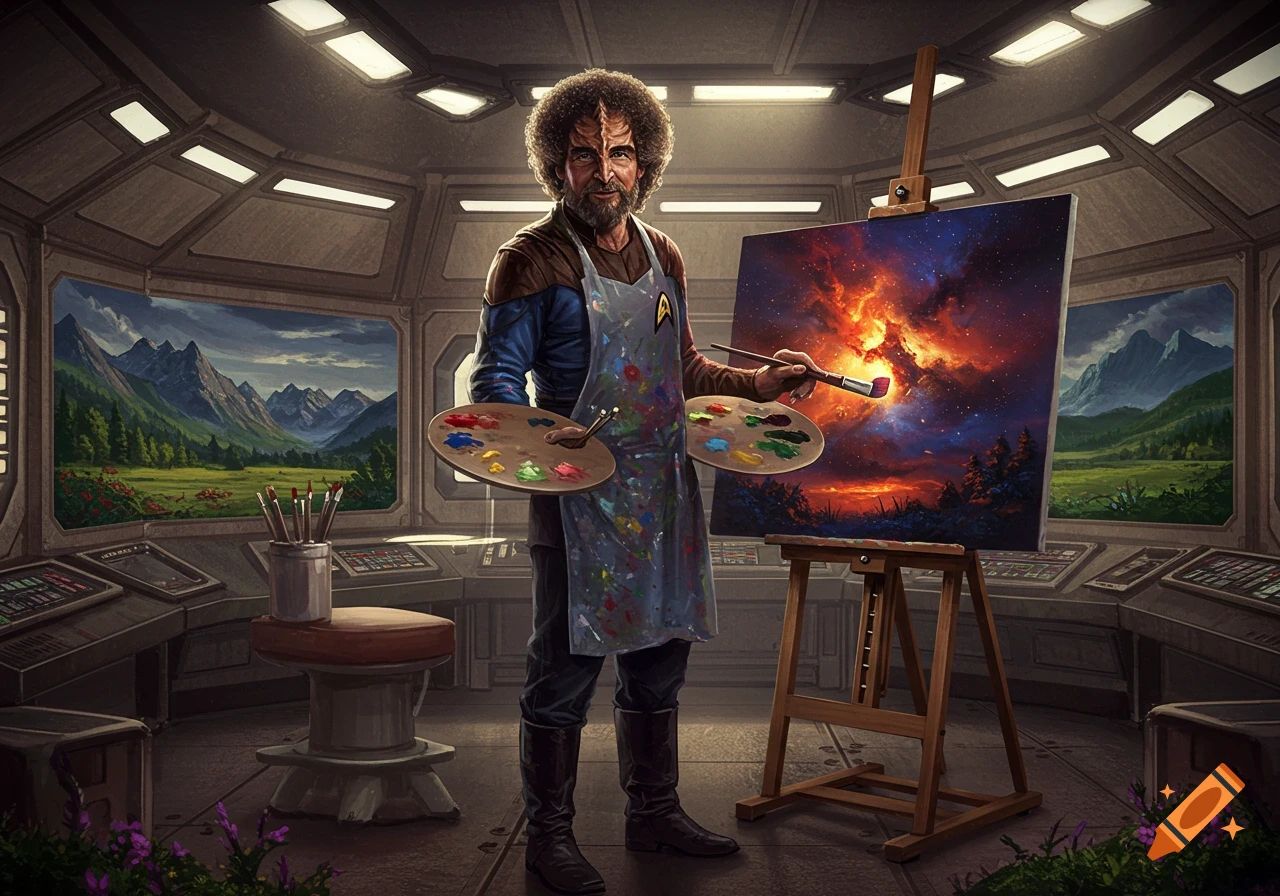 A Klingon-version of Bob Ross in a spaceship paints a nebula on an easel while holding two palettes. Mountains are visible outside.