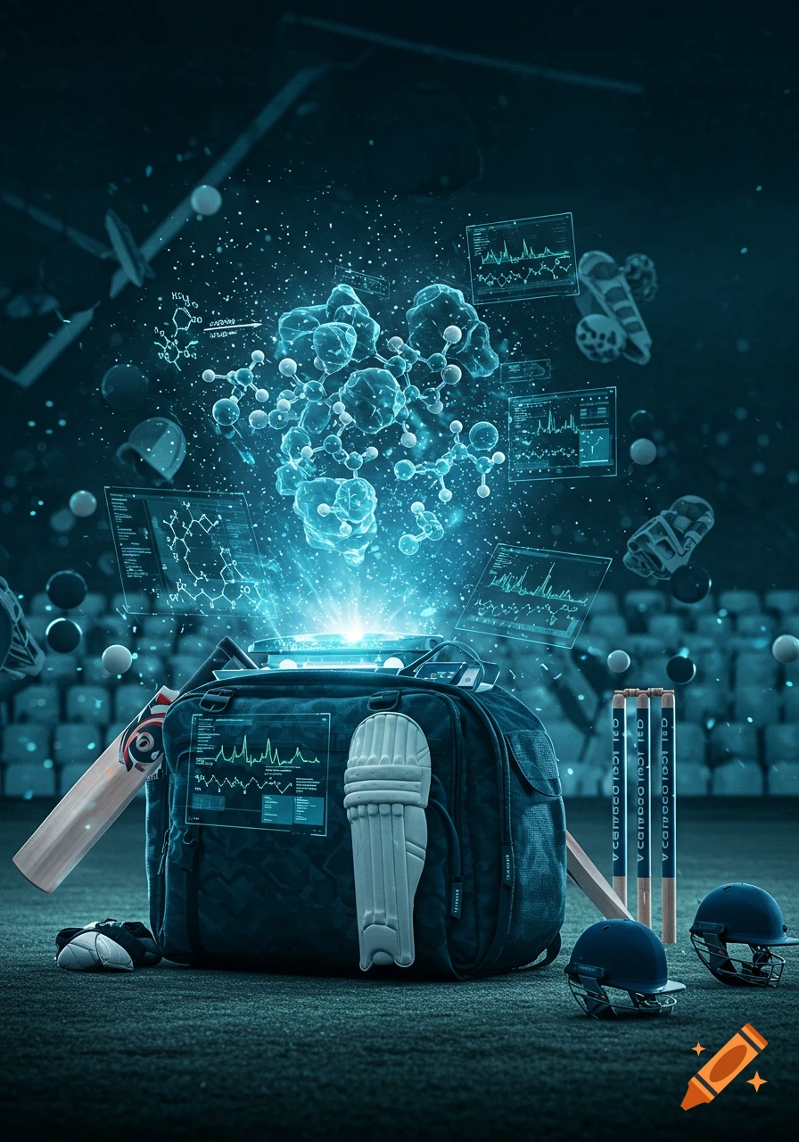 A glowing computational chemistry simulation emerges from a cricket kitbag, surrounded by bats, pads, helmets, and molecular data displays.