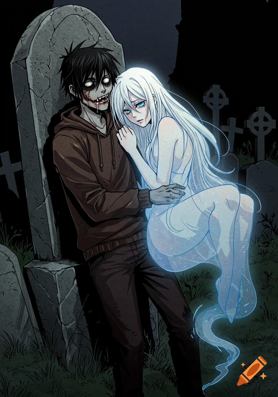 A manga-style zombie man with a bloody mouth leans against a gravestone, holding a pale ghostly woman with long white hair in a dark graveyard.