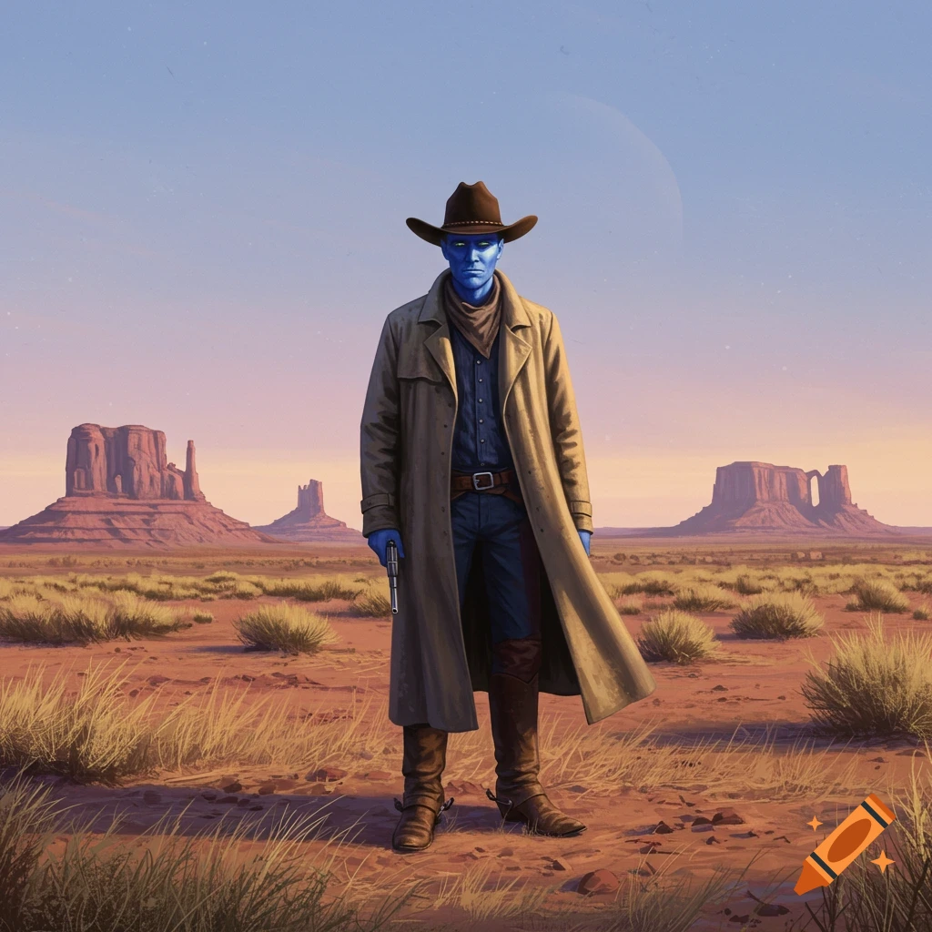 A blue-skinned cowboy in a trench coat and hat stands in a desert landscape with mesas under a pale sky, holding a revolver.