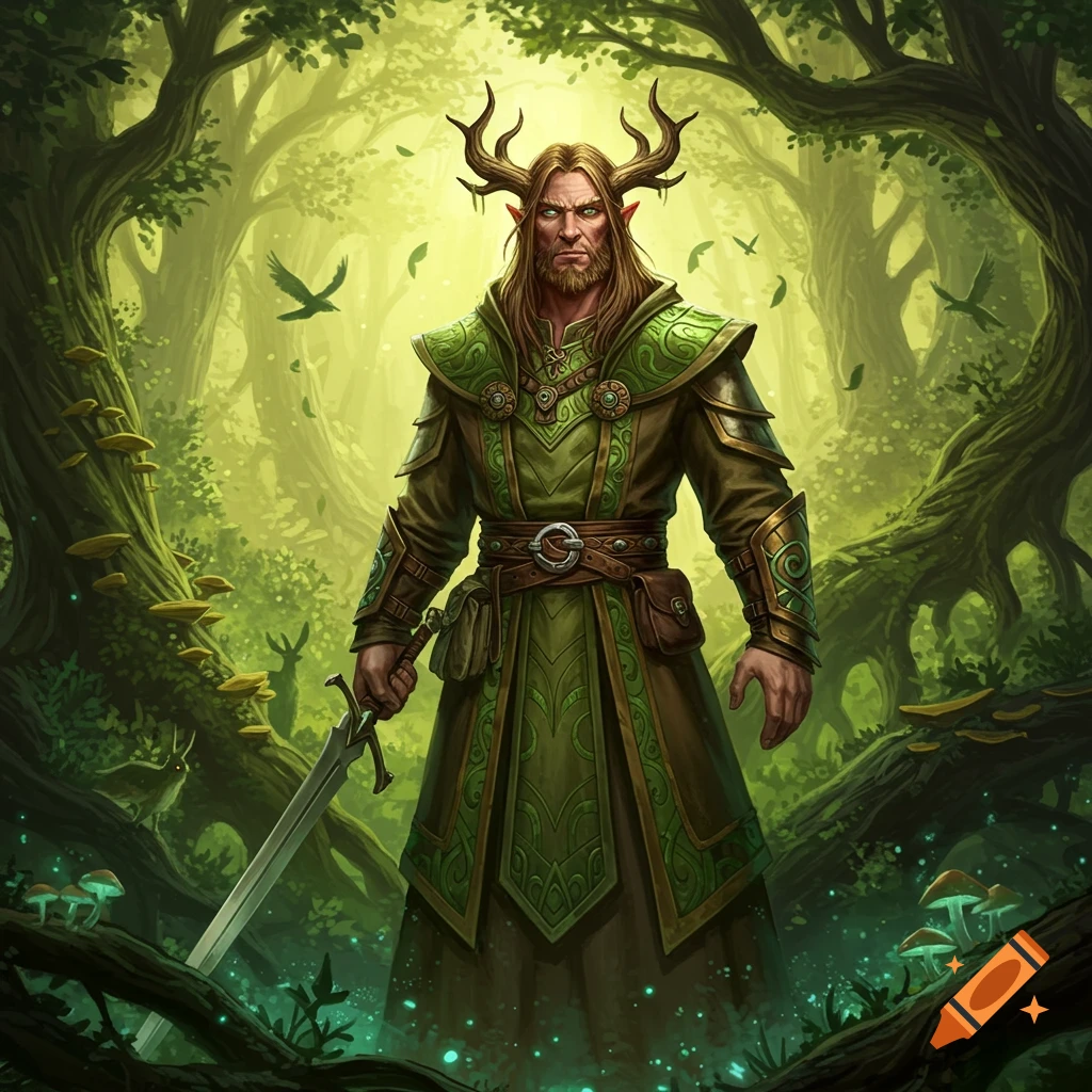 A powerful, antlered elf-man in green robes stands with a sword in an enchanted forest, stylized fantasy art.