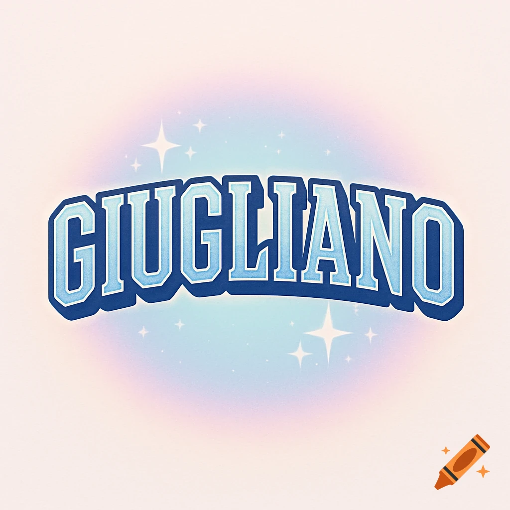 Varsity font logo with the word GIUGLIANO in blue, white, and navy, on a pastel background with sparkles.