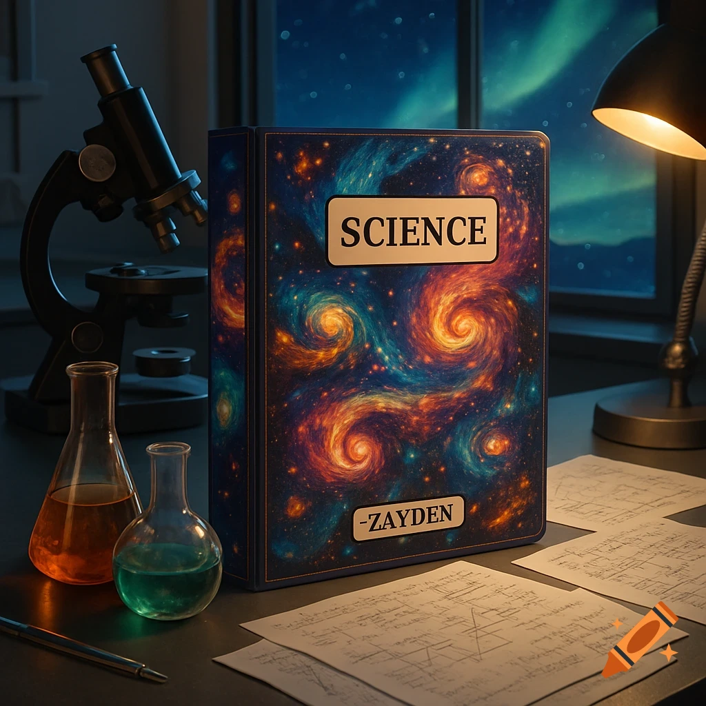 A science binder with a cosmic galaxy pattern, labeled 'SCIENCE' and '-ZAYDEN', on a desk with a microscope, beakers, and papers.