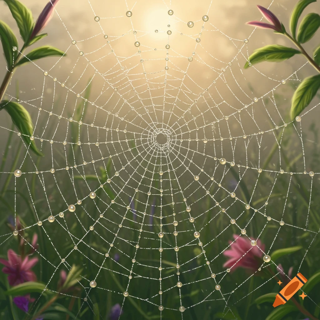 A close-up of a spider web covered in dew drops, glistening in sunlight against a blurry green background with pink flowers.