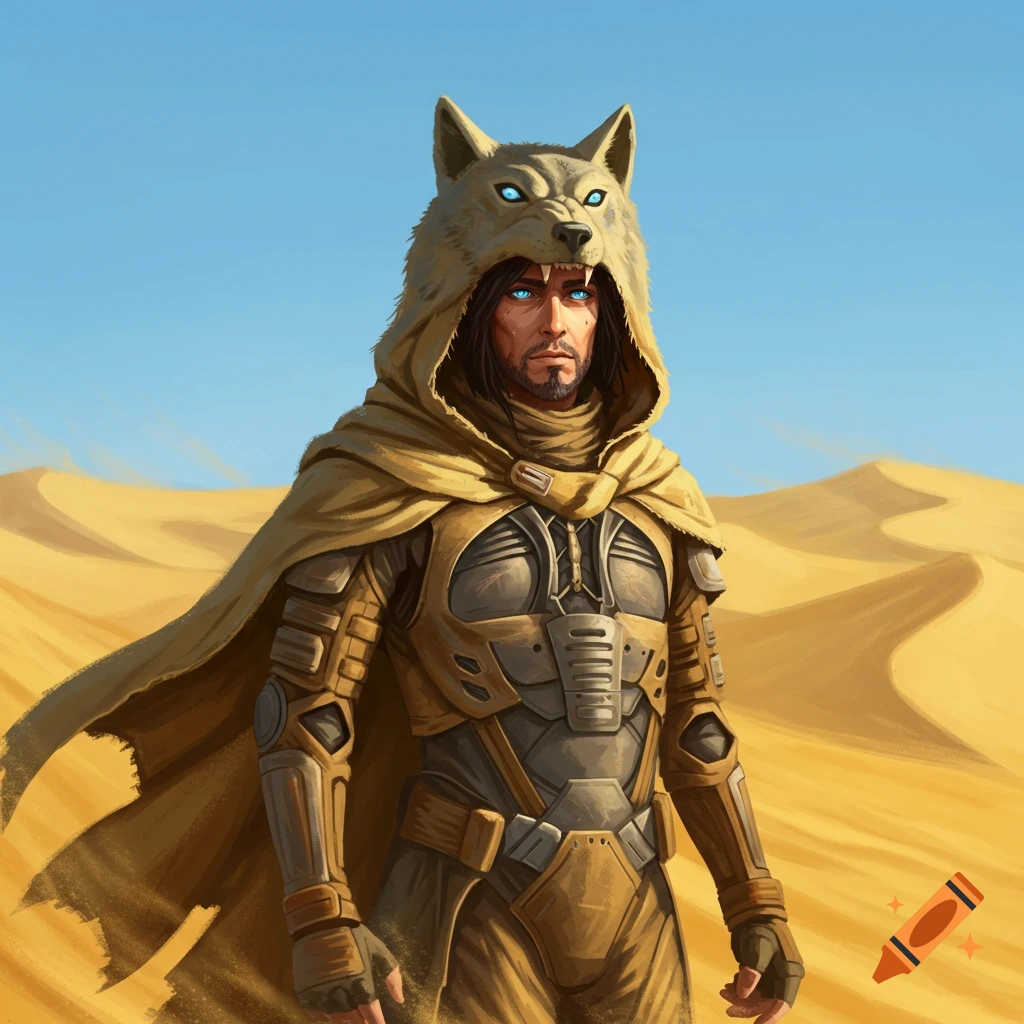 A male Fremen character from Dune with blue eyes and a wolf-style hood, wearing armor, stands in a desert.