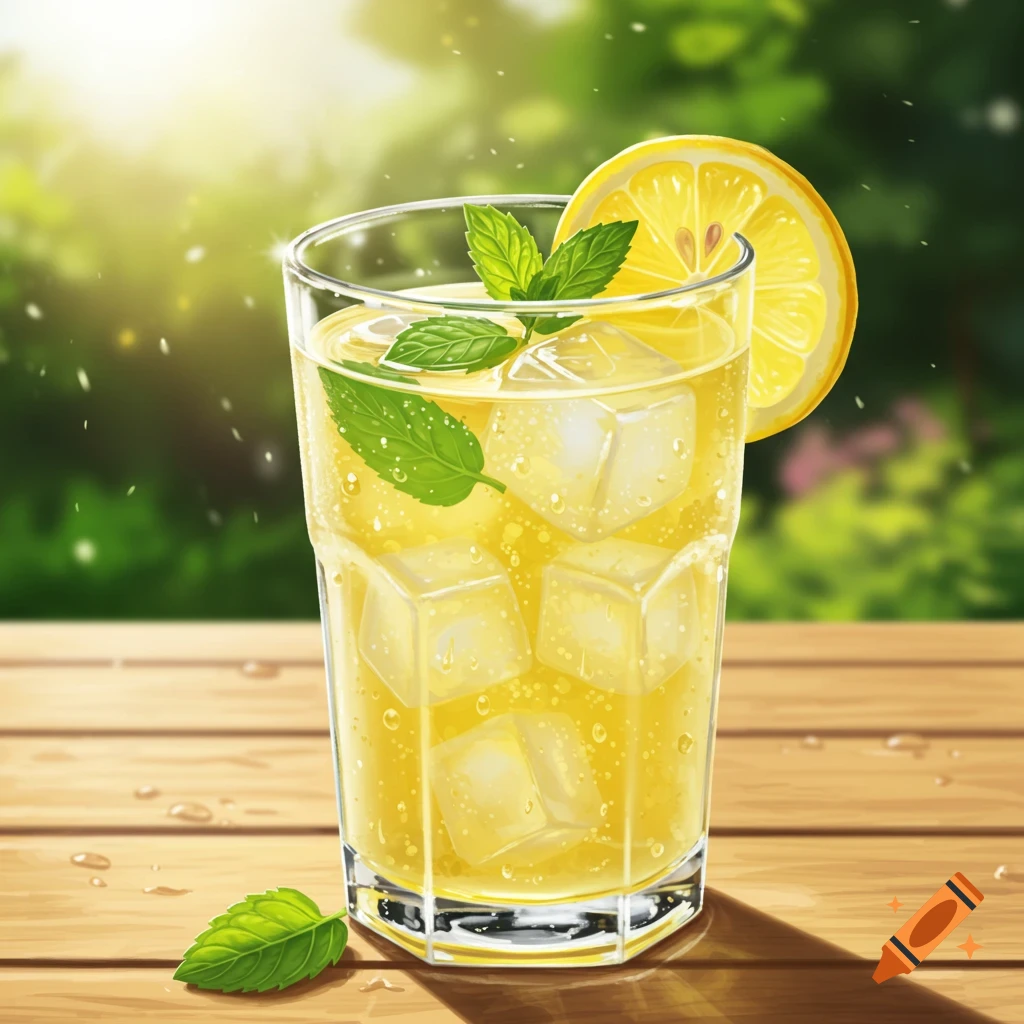 A glass of lemonade with ice cubes, mint leaves, and a lemon slice on a wooden table, against a sunny green background. Illustration style.