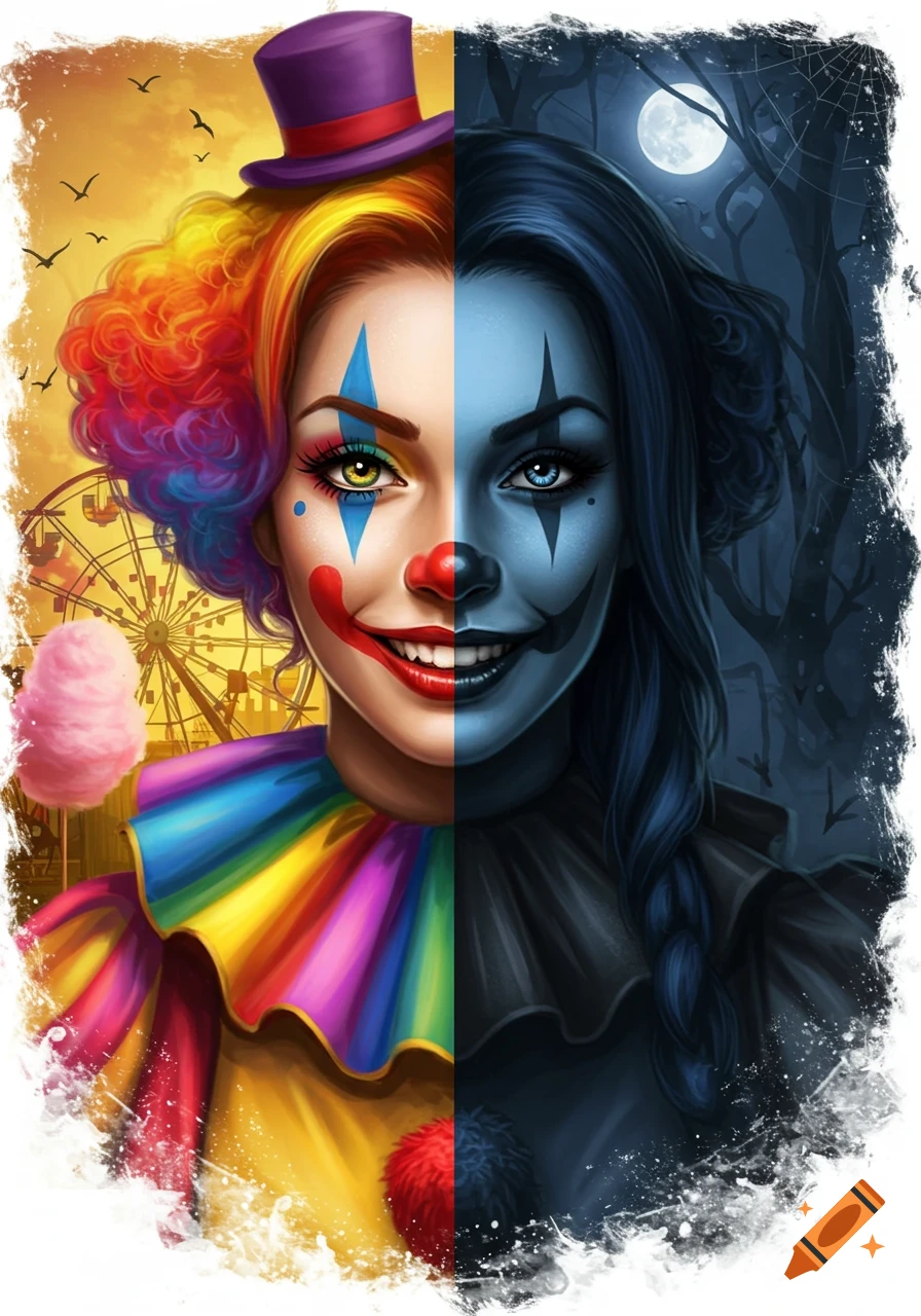 Split image of a woman, half a colorful carnival clown with a ferris wheel, and half a dark gothic clown in a moonlit forest. Illustration.