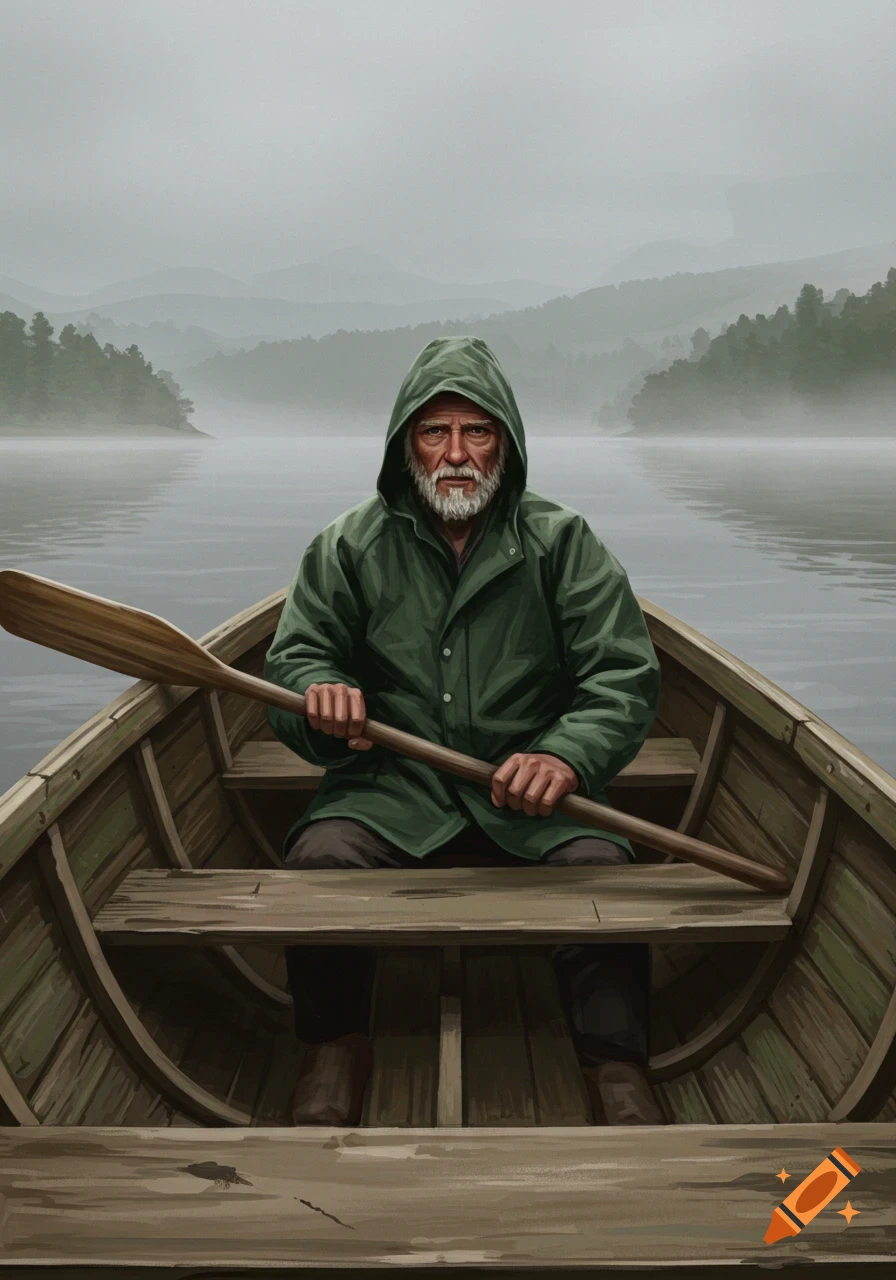 An old man in a green hooded jacket sits in a wooden boat, holding an oar on a foggy lake with forested hills.