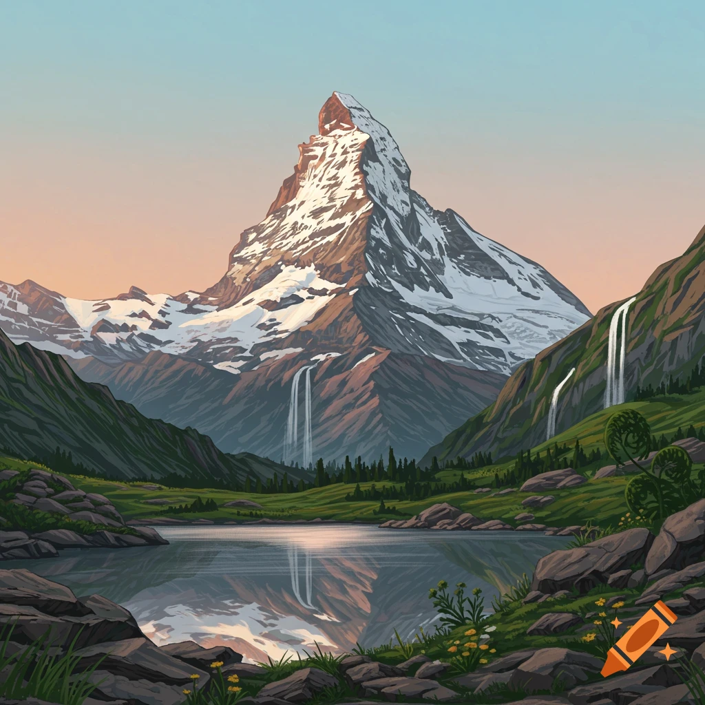 Illustrative mountain landscape with snow-capped peaks, waterfalls, a reflective lake, and green valleys at sunset.
