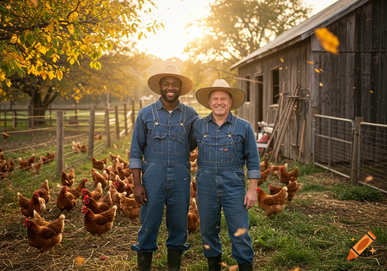 Two smiling farmers in overalls stand in a chicken pen surrounded by chickens on a farm at sunset.