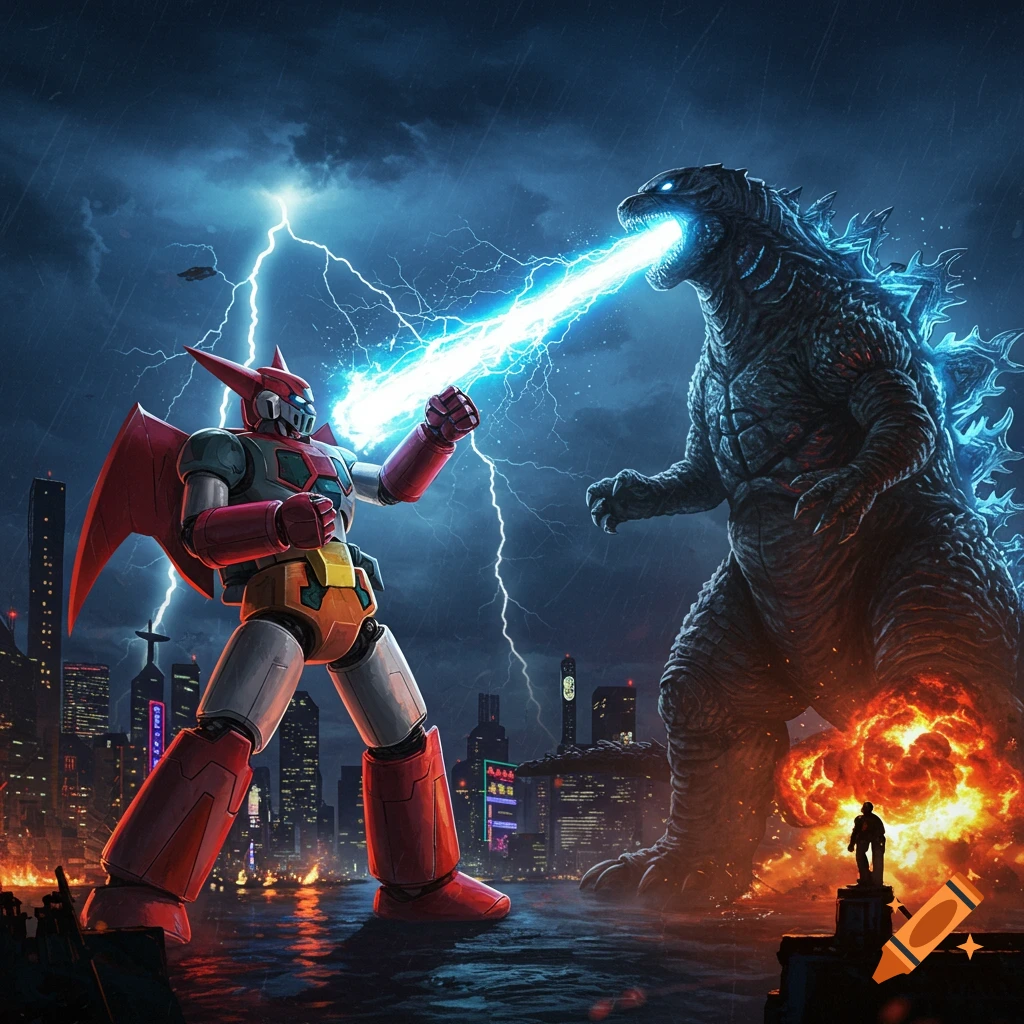 Getter Robo battles Godzilla in a stormy city at night, with lightning strikes and explosions.