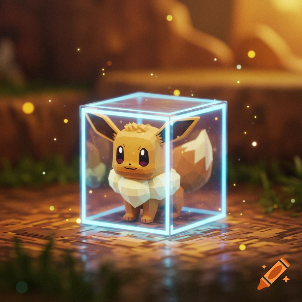Low-poly Eevee Pokémon in a glowing blue cube, surrounded by sparkling particles.