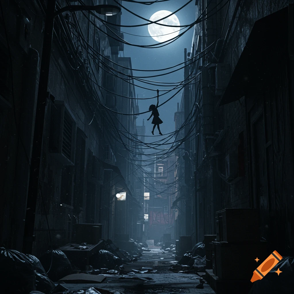 Low-angle view of a dark, narrow, trash-filled alley with tangled wires, a girl silhouette hanging from them, under a bright moon, in a cinematic style.
