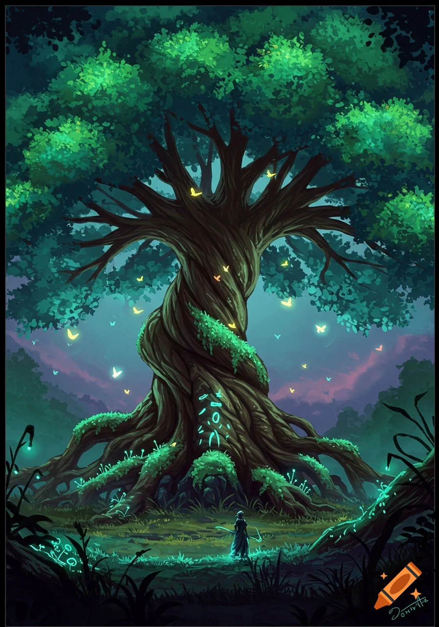 A lone cloaked figure stands before a giant, glowing mystical tree in a dark fantasy forest with luminous butterflies.