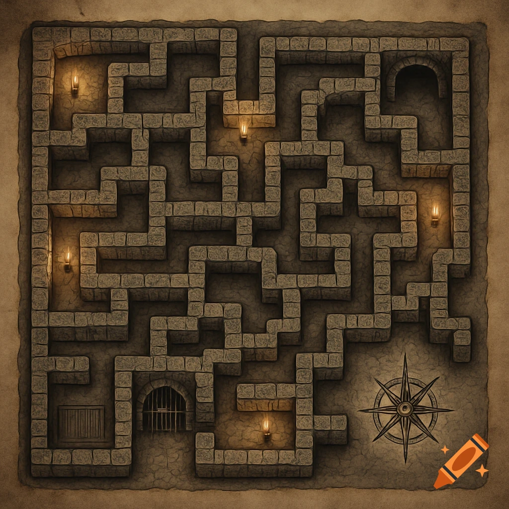A top-down view of a dimly lit stone dungeon maze with torches and a compass rose.
