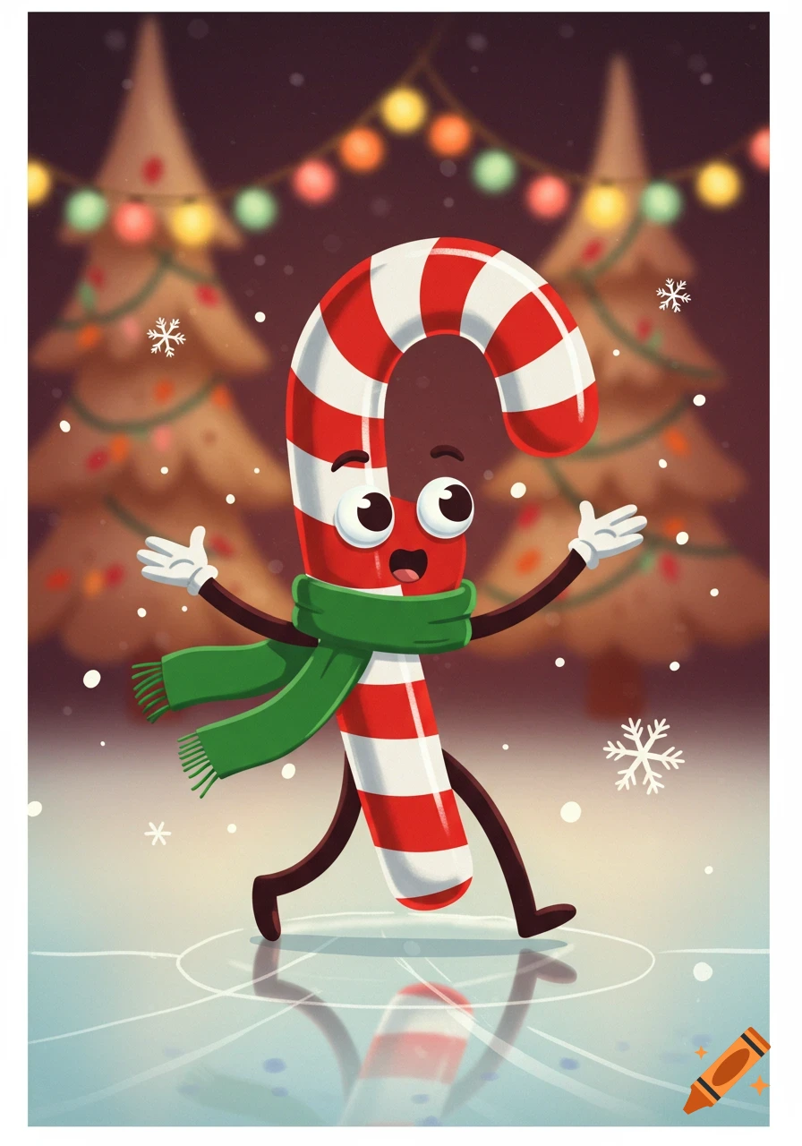 A cute cartoon candy cane wearing a green scarf ice skates happily under falling snow with festive trees in the background.