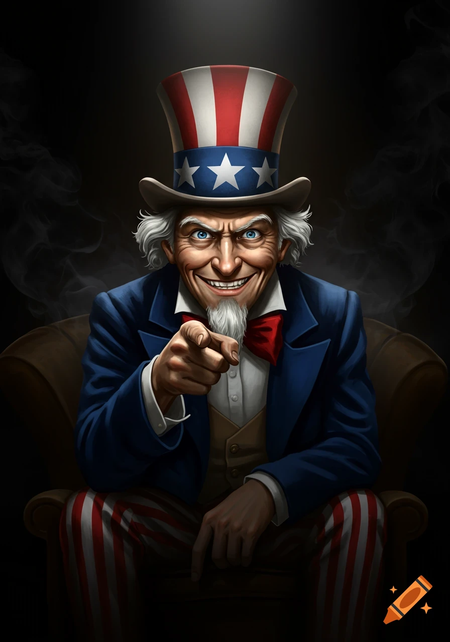 A detailed illustration of a mischievous Uncle Sam, seated in a dark chair, pointing directly at the viewer and laughing.