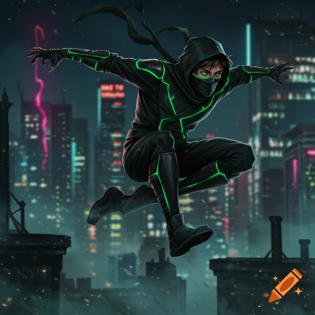 A sleek, black-clad ninja with neon green highlights jumps across futuristic city rooftops at night.