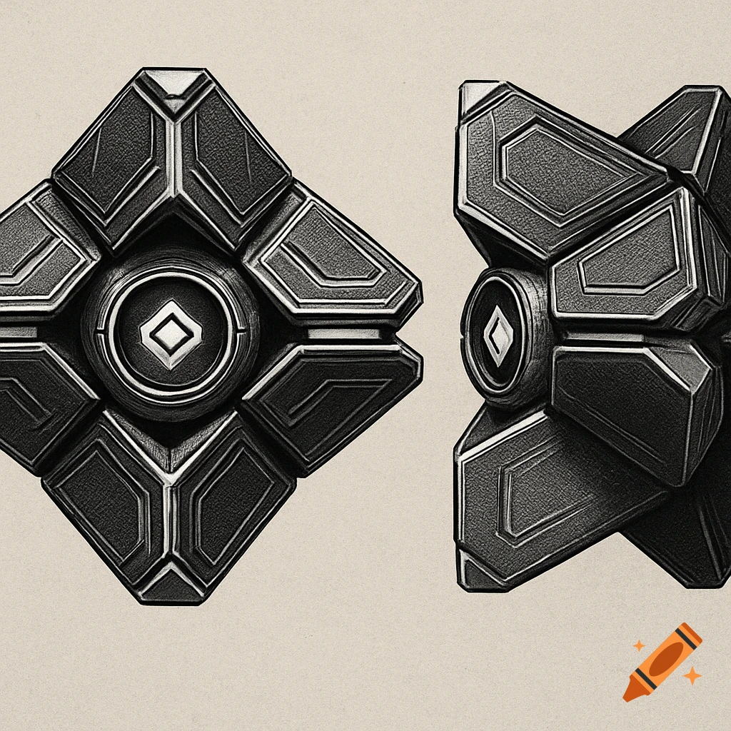 Two black and white geometric metallic objects, resembling Destiny 2 Ghost Shells, one front view and one side view, on a light background.
