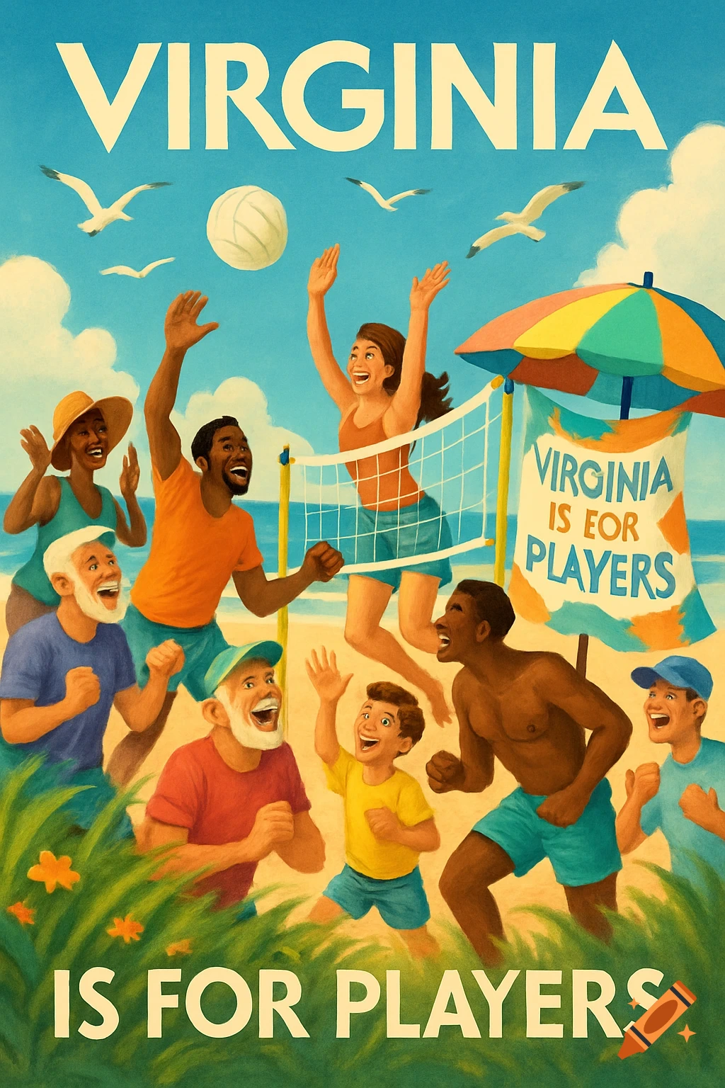 A vintage-style poster illustration of diverse people enthusiastically playing volleyball on a sunny beach, with text 'VIRGINIA IS FOR PLAYERS'.