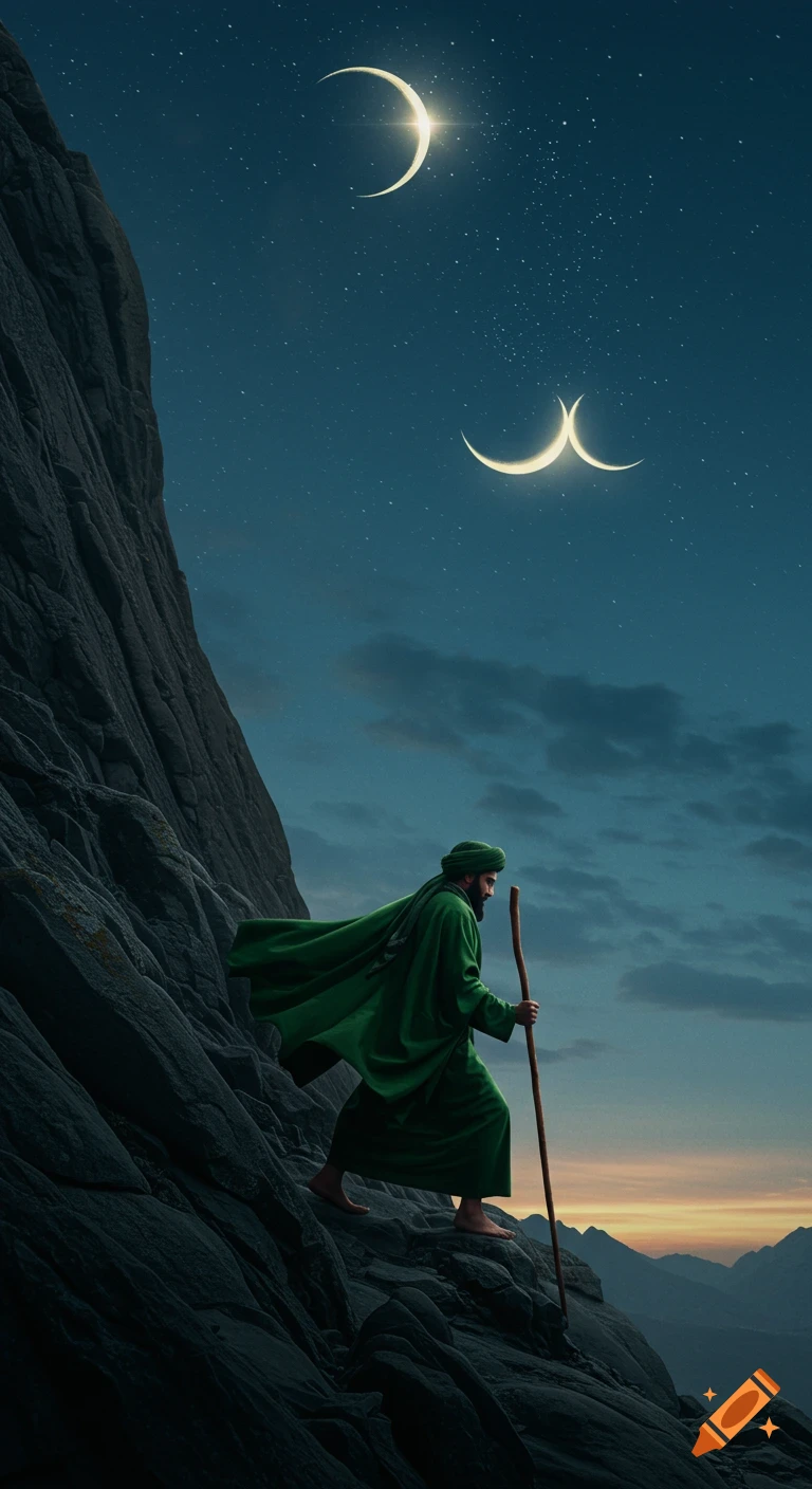 A man in green robes and turban climbs a rocky mountain at night under a starry sky with multiple crescent moons, in a photorealistic style.