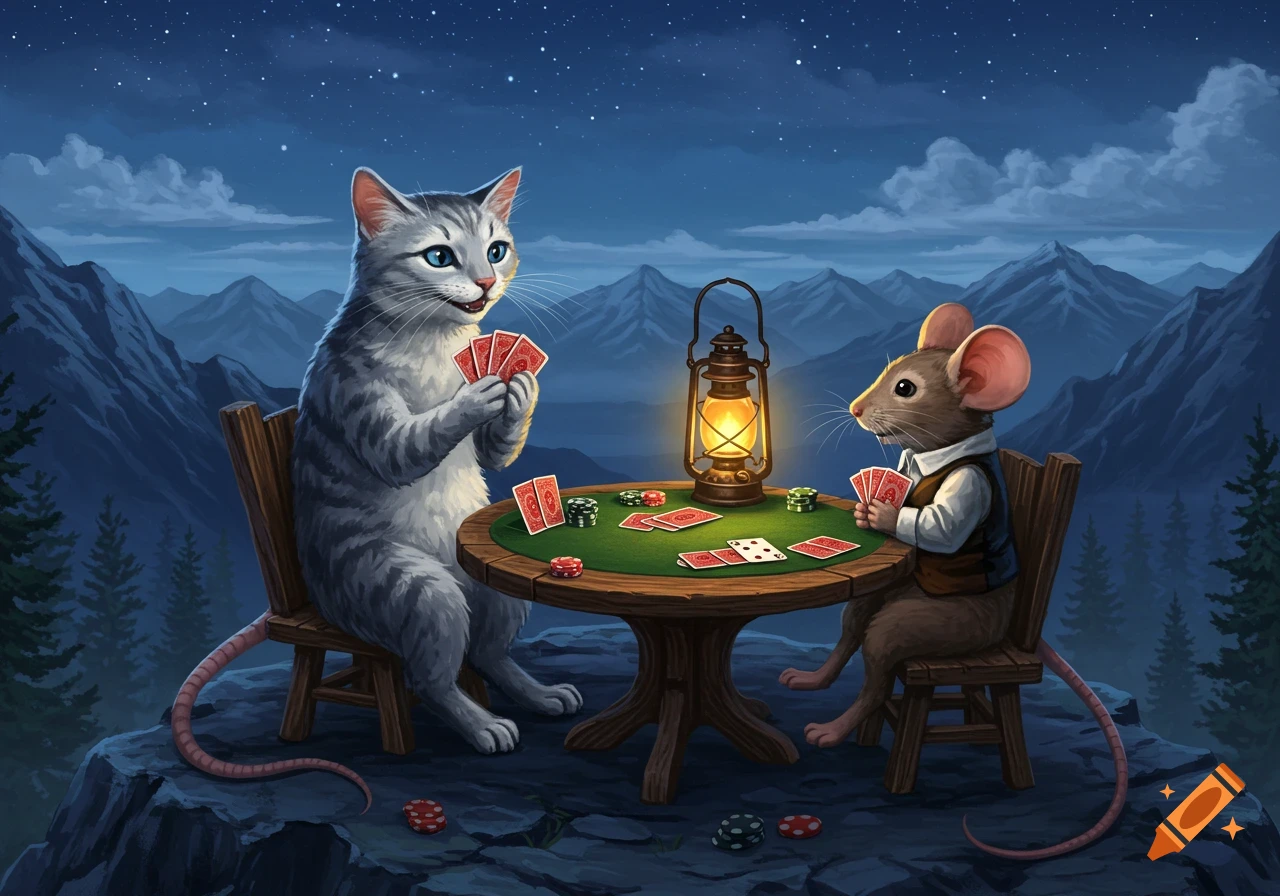 An anthropomorphic gray cat and brown mouse play poker at a wooden table on a mountain ledge at night, illuminated by a lantern.