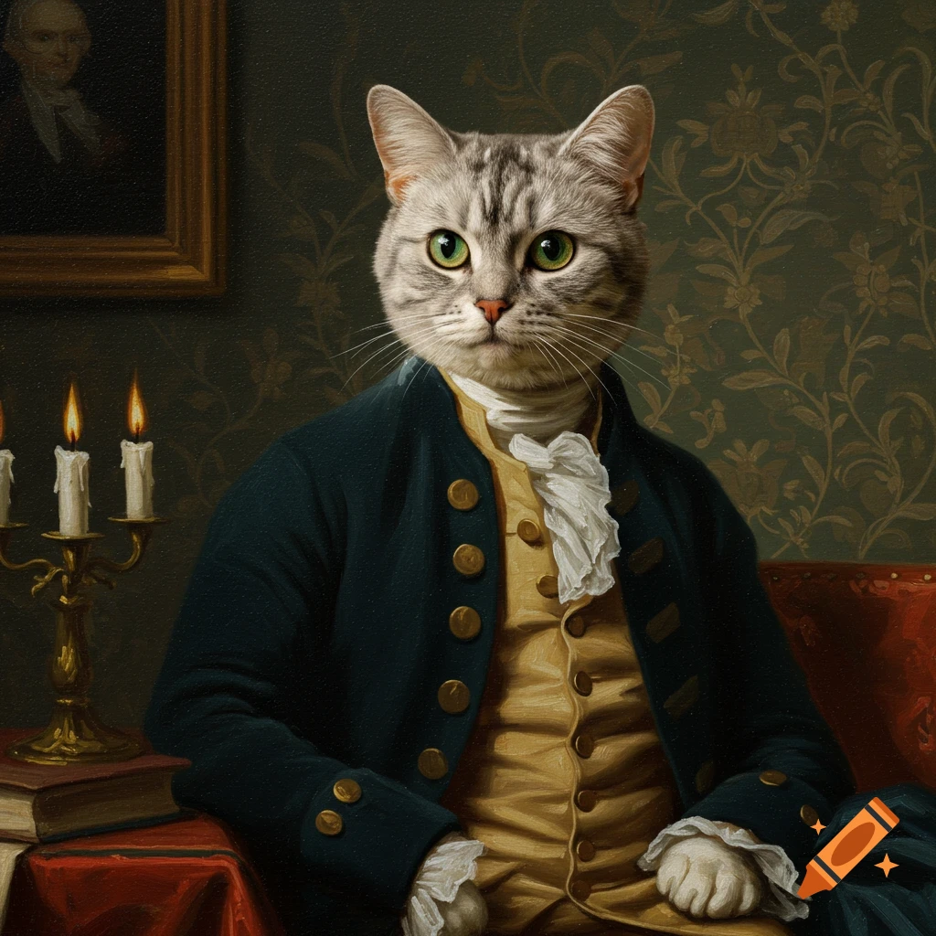 A realistic oil painting of a tabby cat dressed in 18th-century attire, resembling George Washington, sitting indoors.