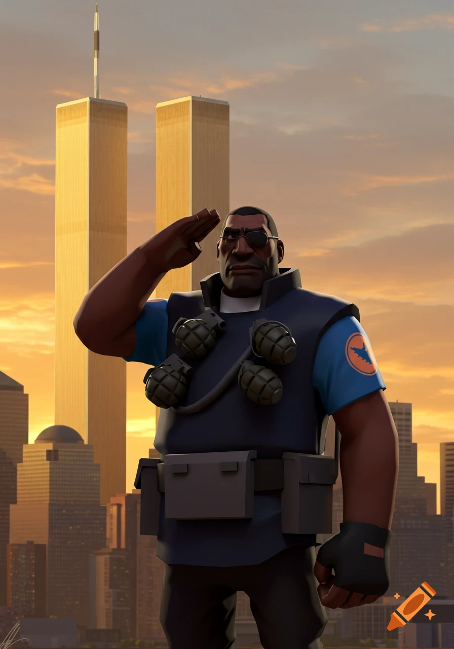 Demoman from Team Fortress 2, a Black man with an eyepatch, saluting in front of the Twin Towers at sunset.