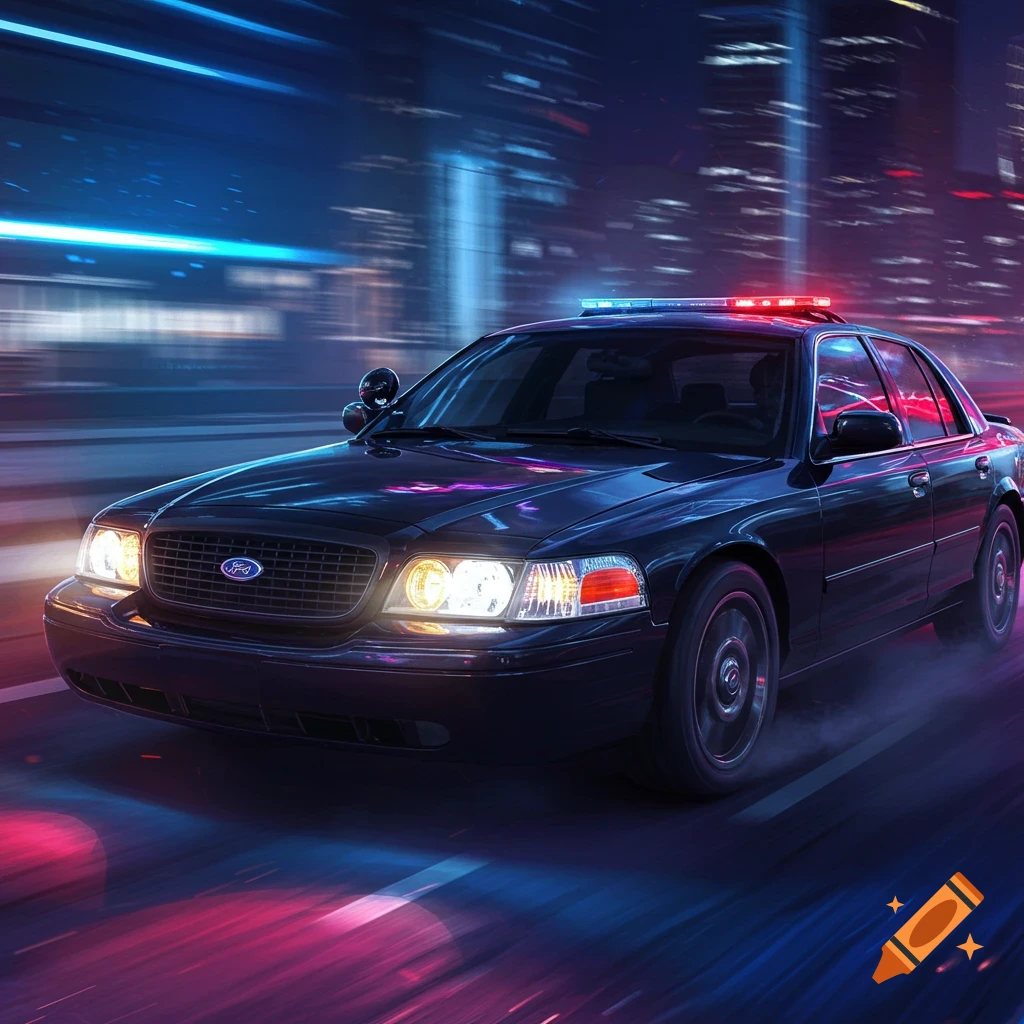 A black Ford police car with flashing red and blue lights speeds through a neon-lit city street at night, with motion blur.