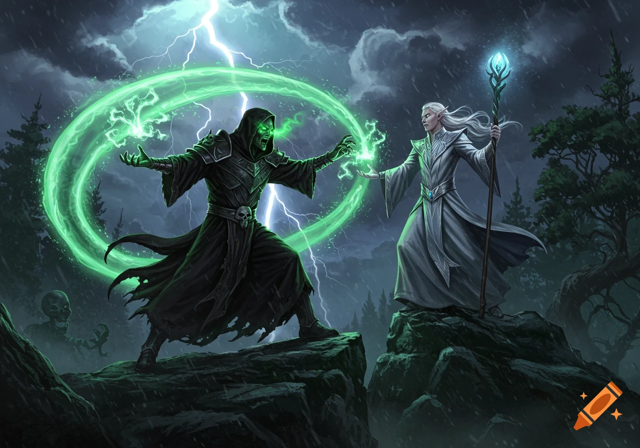 A black-robed necromancer and a silver-haired elf wizard battle with green and blue magic on a stormy mountain top.