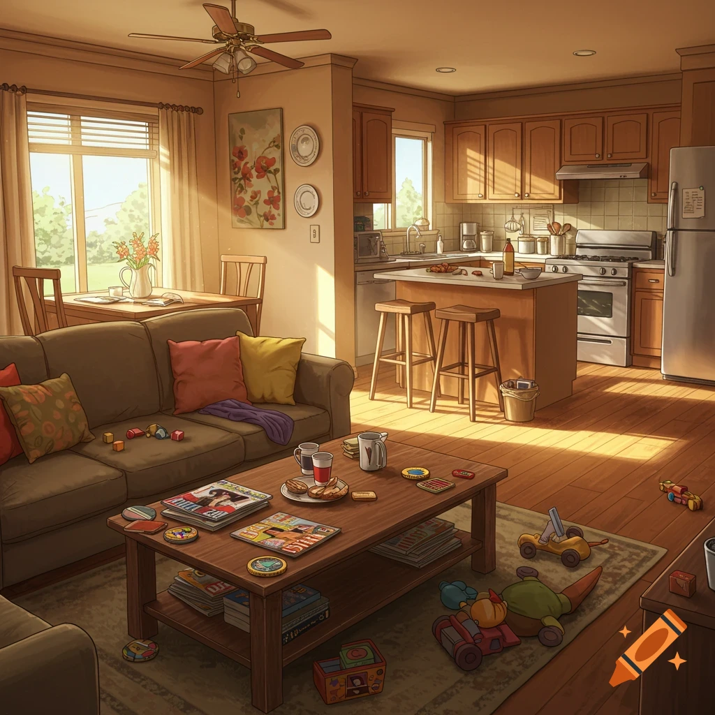 A warm, lived-in interior view of a combined living room and kitchen, illuminated by sunlight.