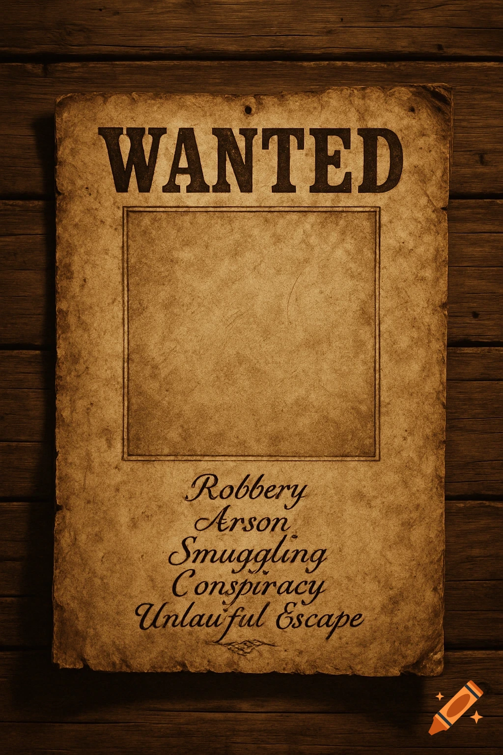 A vintage 'WANTED' poster on a wooden wall, with an empty space for a photo and a list of criminal charges.