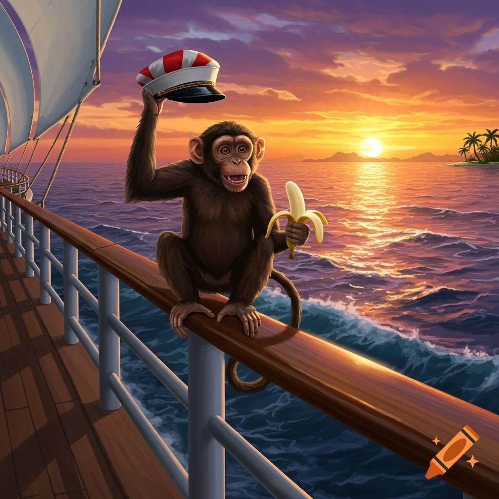 Illustrated monkey holding a peeled banana and captain's hat on a boat railing at sunset with ocean and island.