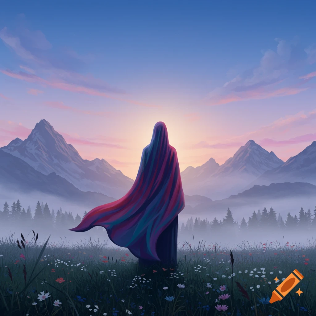 A cloaked figure with a flowing, colorful robe stands in a vibrant meadow, facing a sunrise over misty mountains.
