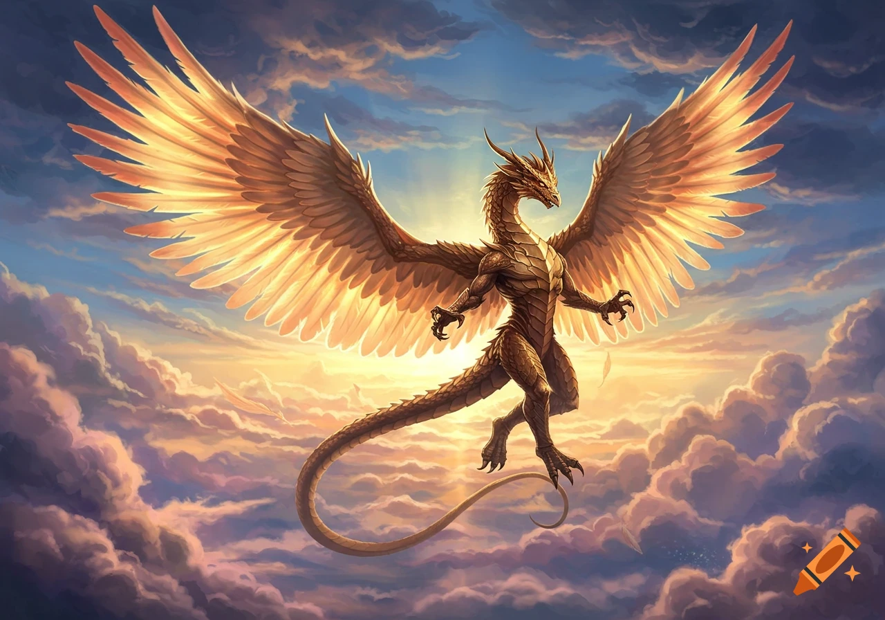 A majestic golden winged dragon with large feathered wings soars through a vibrant sky with golden clouds and sunlight.