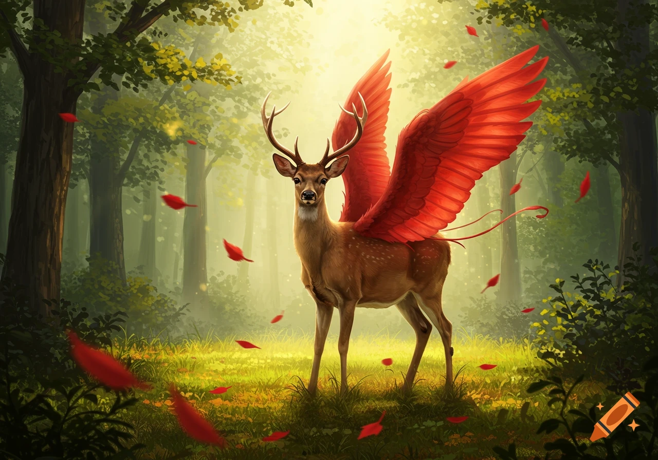 A majestic brown deer with large, vibrant red cardinal wings stands in a sunlit, enchanted forest with falling red leaves.