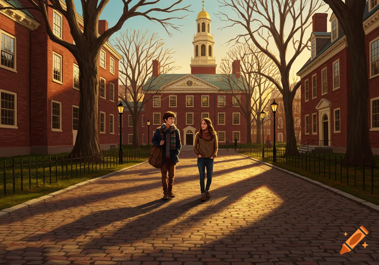 Illustrated scene of two students walking on a cobblestone path through a university campus with brick buildings and bare trees at golden hour.
