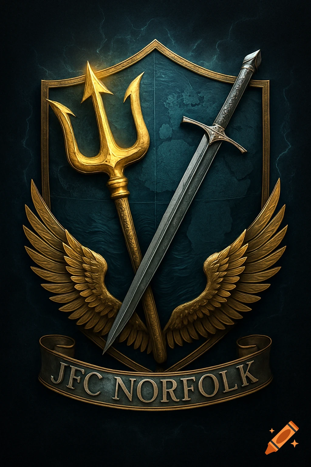 Highly detailed, grand emblem with a gold-framed dark teal shield, crossed golden trident and silver sword, golden wings, and a banner reading 'JFC NORFOLK' at the base.