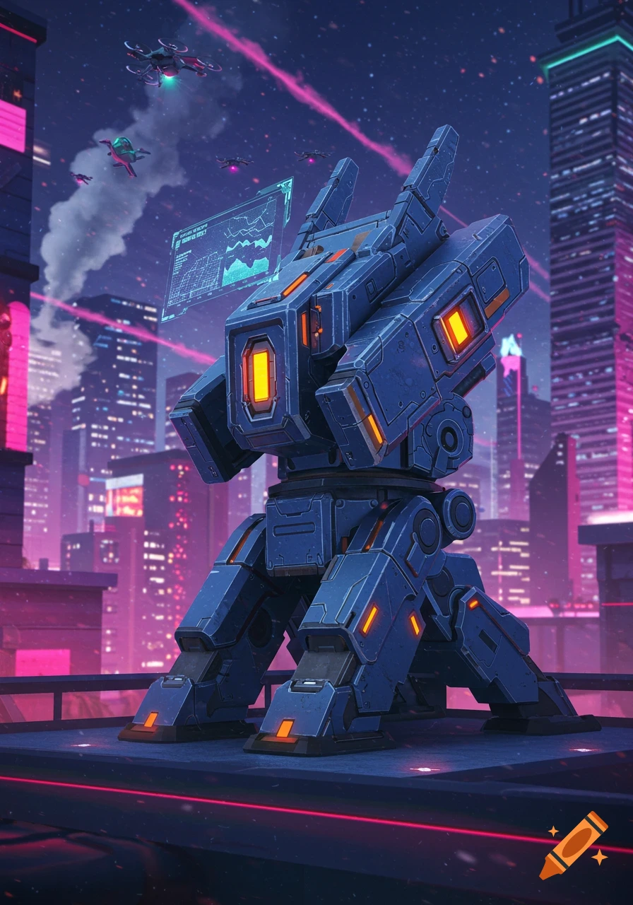 A blue futuristic combat robot with orange glowing parts and a holographic display stands on a rooftop overlooking a neon-lit city at night, with drones flying.