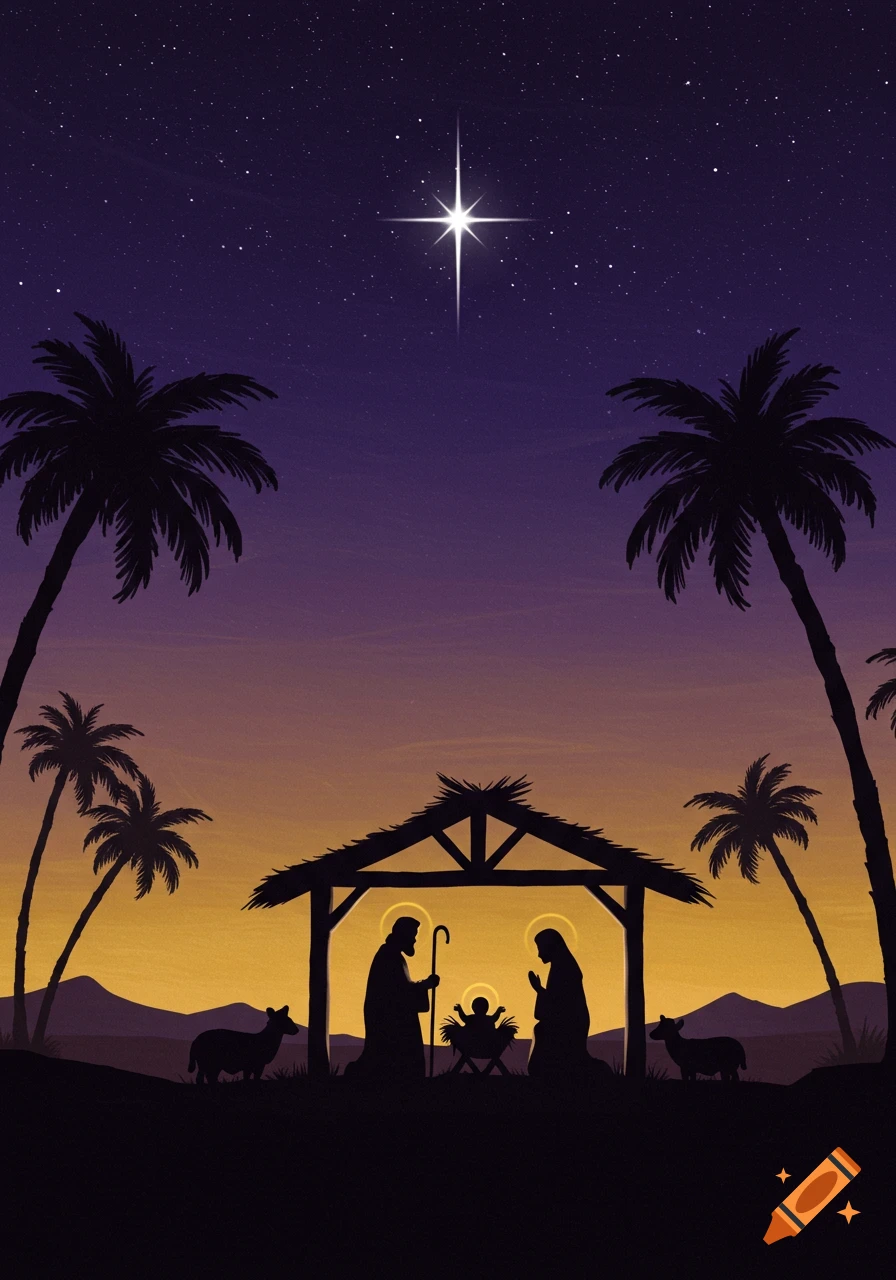 Silhouette of the Nativity scene with Mary, Joseph, and baby Jesus under a starry night sky, framed by palm trees.