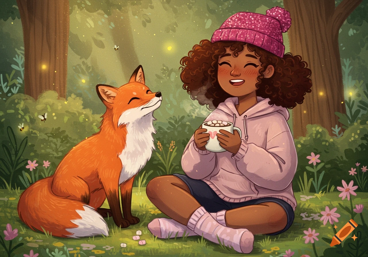 Whimsical storybook illustration of a cheerful girl holding cocoa with a fox in a sunny cottagecore woodland.