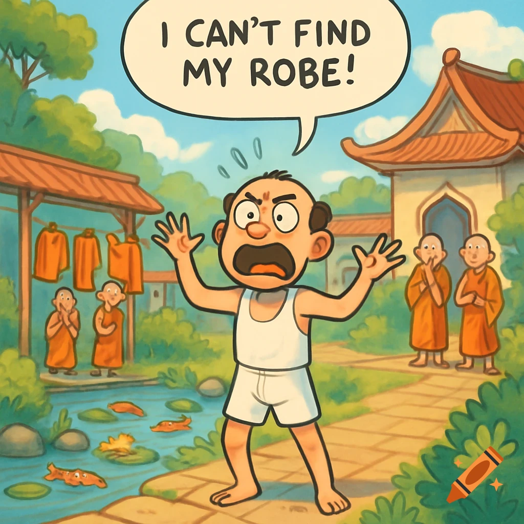 A cartoon man in underwear shouts 'I CAN'T FIND MY ROBE!' while monks look on near a temple and robes dry on a line.