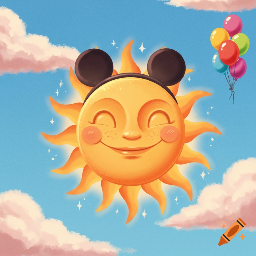 A cheerful cartoon sun wearing Mickey Mouse ears floats in a blue sky with pink clouds and colorful balloons.