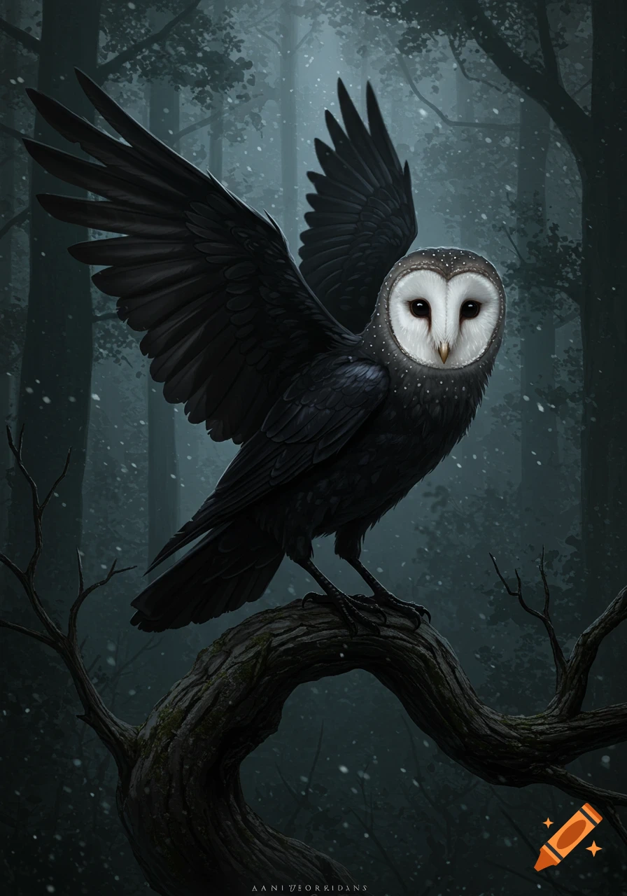 A dark, barn owl-like bird with broad black wings perched on a snowy branch in a misty, dark forest, digital painting.