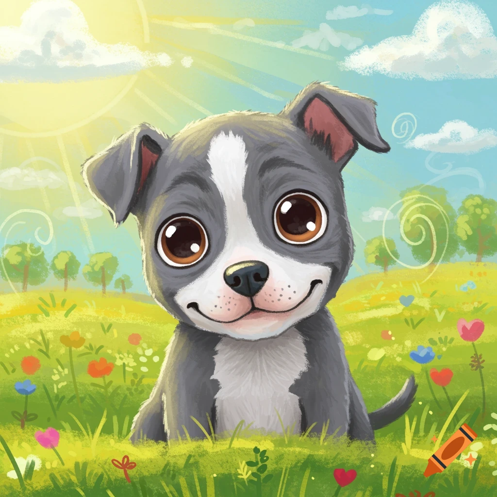A smiling cartoon pit bull puppy with big eyes sits in a colorful grassy field with flowers under a sunny sky, in a children's book style.